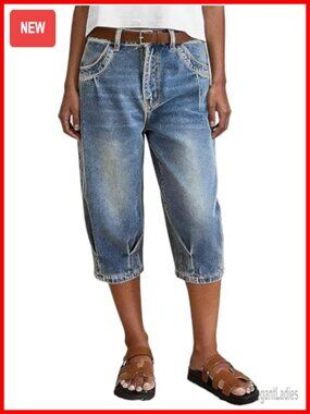 Mid Rise Straight Leg Capri Jeans Pleated Wash Trendy Loose Fit Denim